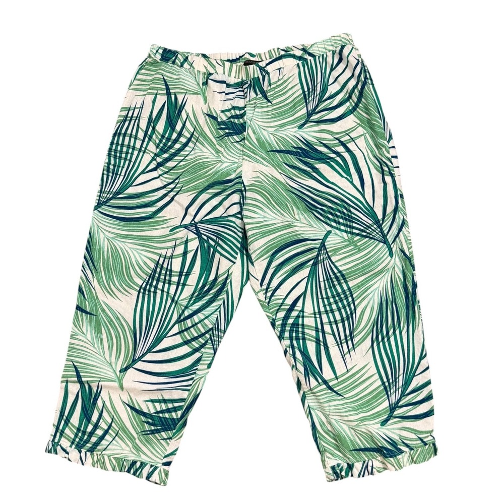 For Cynthia Costal Tropical Palm Leaf Linen Blend Ruffle Hem Cropped Pants Large